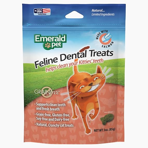 Feline Dental Treats Tasty and Crunchy Cat Dental Treats Grain Free Natural Dental Treats to Clean Cat Teeth, Freshen Cat Breath, and Reduce Plaque and Tartar Buildup Salmon Treats, 3 oz