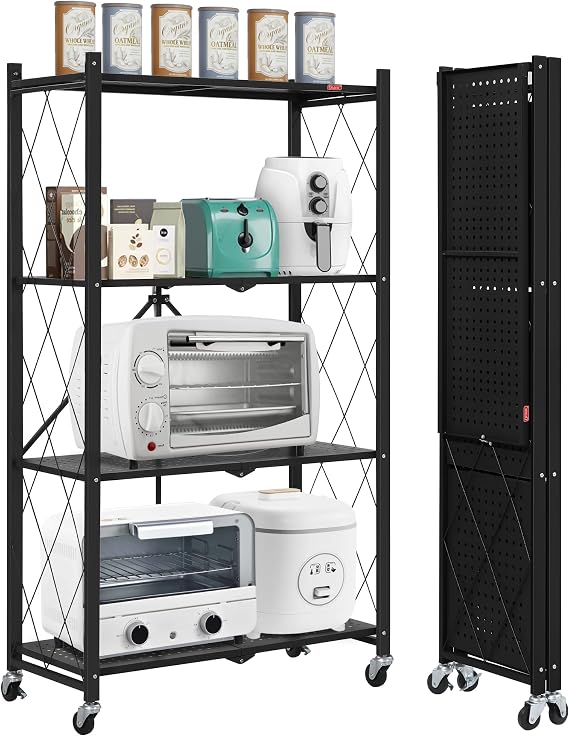 3 Tire & 4 Tire Foldable Storage Shelves with Wheels, Metal Garage Shelving, No Assembly Microwave Cart, Large Capacity Wire Shelving for Garage, Kitchen, Basement, Pantry, Heavy Duty, Pack of 2 Black