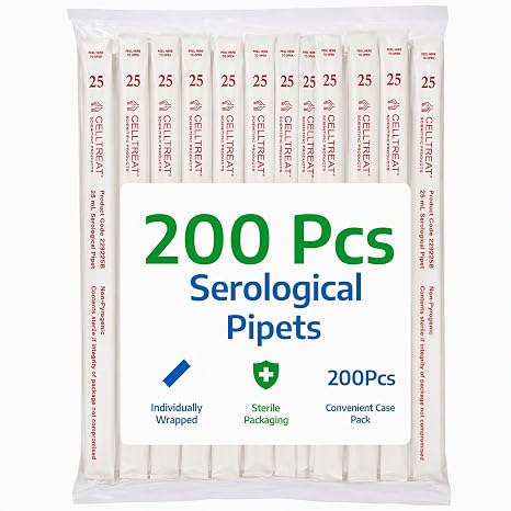 Celltreat 229225B Serological Pipet, 25mL Capacity, Sterile, Individually Wrapped/Bag (Case of 200),Red | Accurate Transfers, Easy Identification, Universal Compatibility