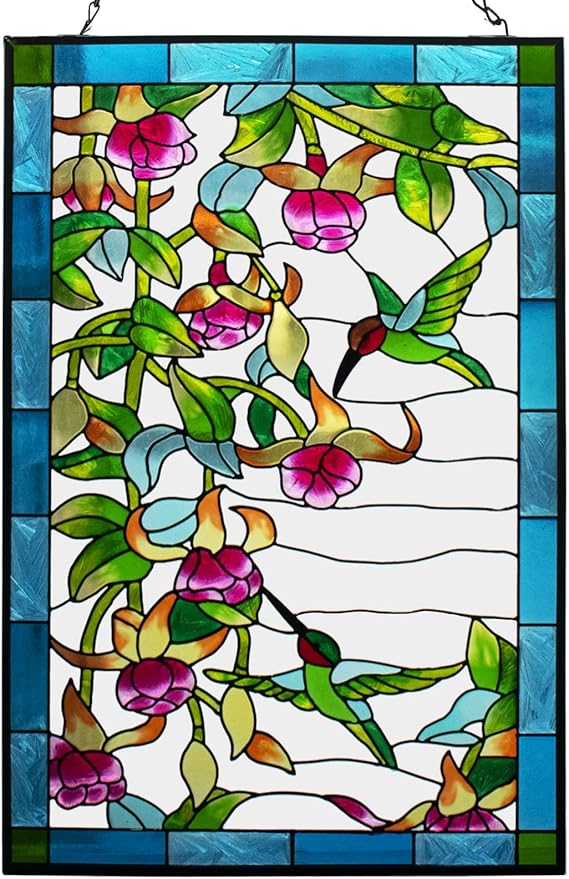 VEWOGARDEN W10xH15 inch Hummingbird Stained Glass Window Hangings, Suncatcher Panel with Chain for Wall or Windows