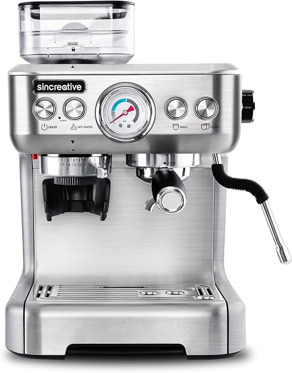 Sincreative CM5700 Brushed Stainless Steel 20 Bar Semi Automatic Espresso Machine and Latte Coffee Maker with Grinder and Steam Wand
