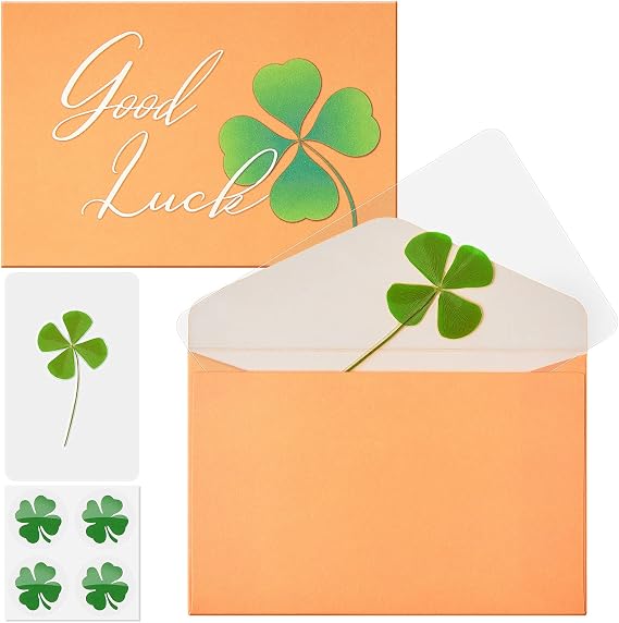Lewtemi 4 Sets Real 4 Leaf Clover Good Luck Charms Set, St. Patrick's Day Bookmarks with Envelopes Irish Shamrock Gifts, Wallet Case Amulet, Lucky Blessing Keepsake for Book Lovers