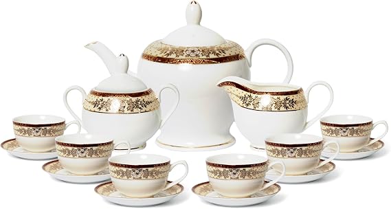 Euro Porcelain 17-pc. Vintage 'Golden Leaves' Tea Cup Coffee Set with 24K Gold-Plated Ornament, Premium Bone China Service for 6
