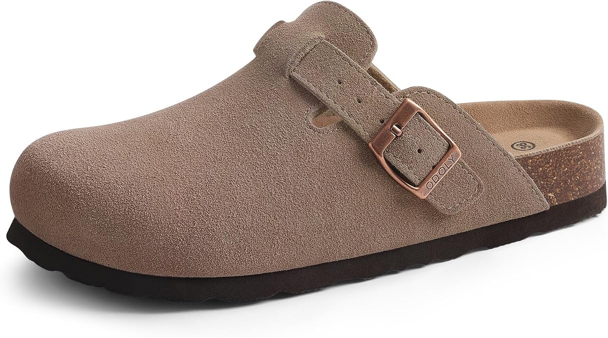 ODOLY Genuine Suede Clogs for Women Men Soft Cork Footbed Leather Mules Comfort Potato Shoes with Arch Support