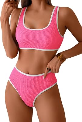 Fanuerg Womens Ribbed Bikini Sets Scoop Neck Two Piece Swimsuits Color Block Cheeky High Cut Bathing Suit