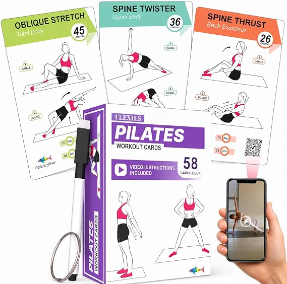 Flexies Pilates Workout Cards | 58 Mat Pilates Exercise Cards with Postures, Video Instructions & Breathing Tips | Waterproof Color-Coded Fitness Deck for Women with Dry-Erase Marker
