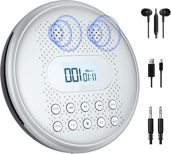 ARAFUNA CD Player Portable, Rechargeable Portable Home CD Music Player for Car with Hi-Fi Speakers, Anti-Skip, Backlit Button, LCD Display and AUX Cable