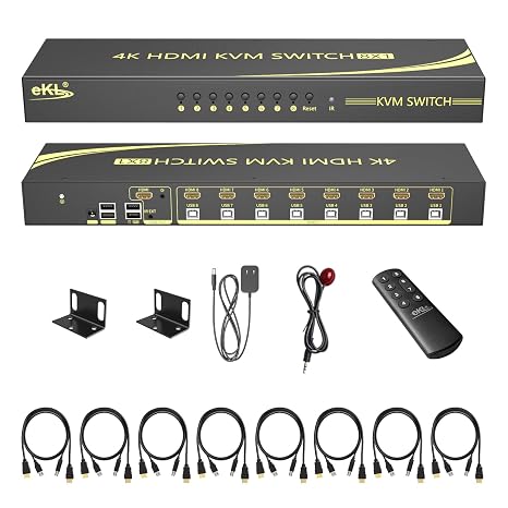 eKL 8 Port HDMI KVM Switch Supports 3.5mm Audio Extractor 4K@60Hz 4:4:4 Hotkeys Swapping 8 in 1 Out 8 PCs Sharing with One Set of Keyboard and Mouse