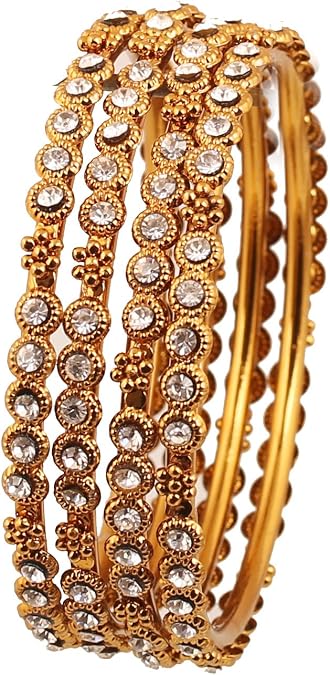 Touchstone "Golden Bangle Collection Indian Bollywood Rhinestones Grain Work Designer Jewelry Thick Bangle Bracelets for Women in Antique Gold Or White Tone.