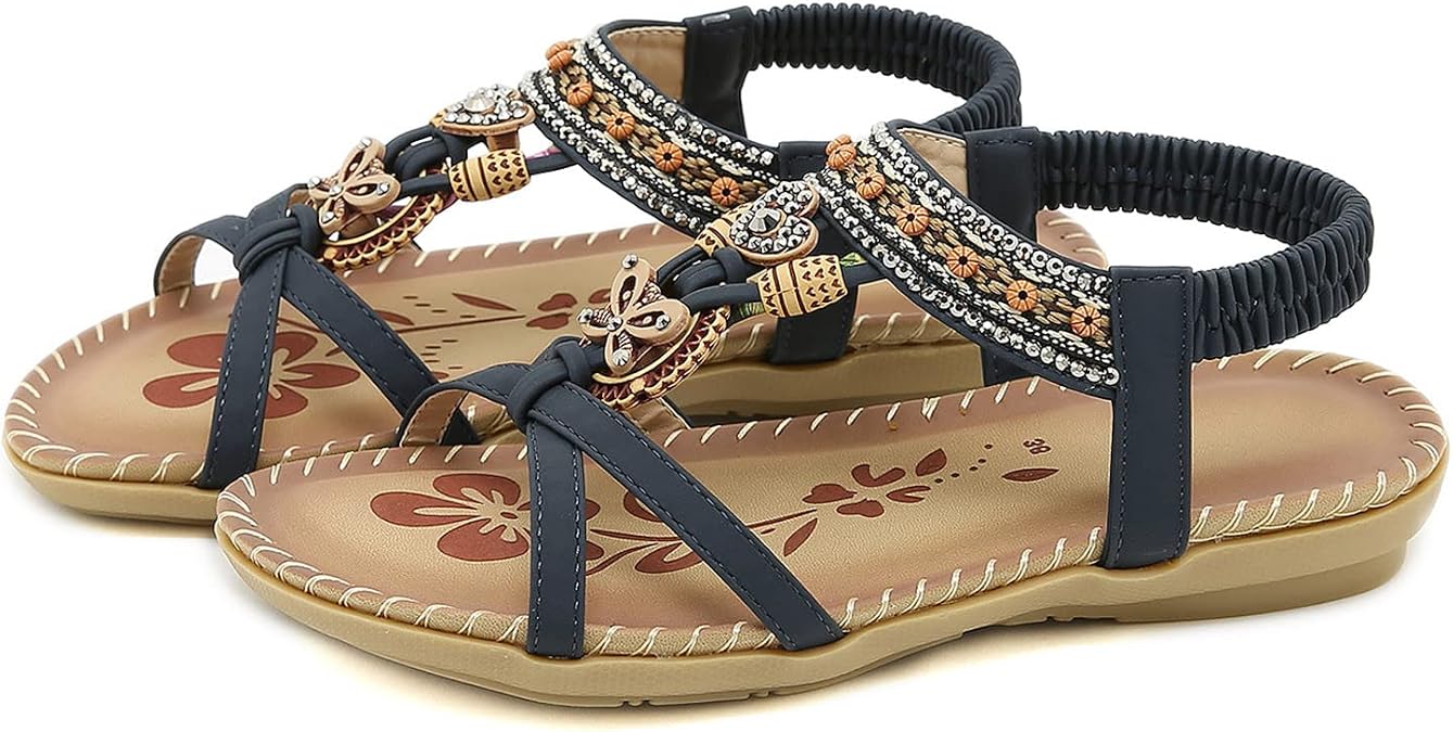 Summer Flat Sandals for Women Comfortable Casual Beach Shoes Bohemian Beaded Flip Flops Sandals