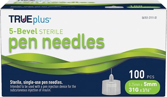 TRUEplus 5-Bevel Sterile Pen Needles, 31G x 5mm (3/16 Inch), 100 Count | For Use with Pen Injection Device, Single-Use Needles, Compatible Thread with Major Pen Devices, Silicone Coated