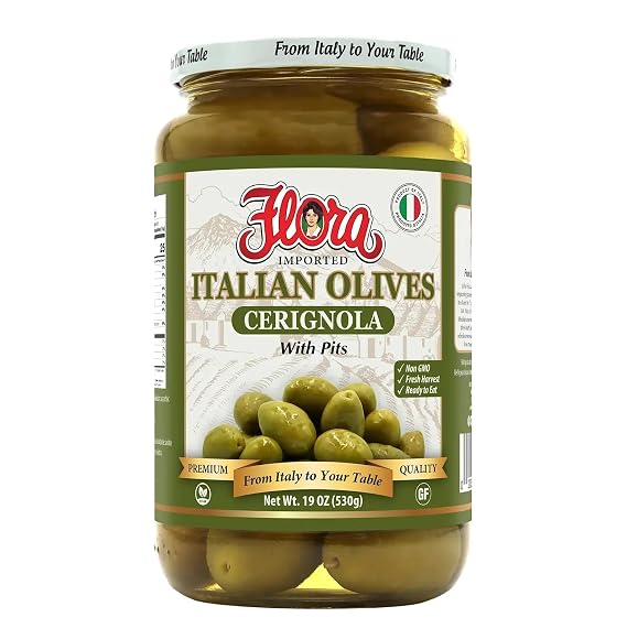 Flora Foods Italian Olives Cerignola with Pits | CerignolaOlives | 19 oz (530g) | 100% Italian | All Natural | Non GMO | Fresh Harvest