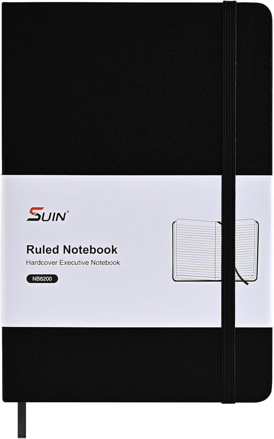 SUIN A5 Notebook Hardcover Lined Journal, 100gsm Thick Paper for Work & Business, Lay-Flat Leatherette Writing Pad with Pocket & Bookmark, 192 Pages Professional Notebook - Black, 1-Pack