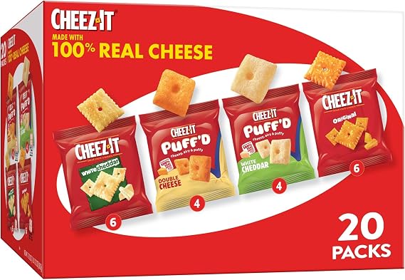 Cheese Crackers, Baked Snack Crackers, Office and Kids Snacks, Variety Pack, 17.72oz Box 20 Pouches