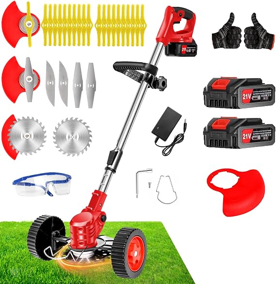 21V Cordless Weed Wacker with Wheels, 3-in-1 String Trimmer/Lawn Edger/Brush Cutter, 2x2.0Ah Battery & 3 Blades, Adjustable Height, Lightweight & Easy for Thick Weeds & Small Yards Homeowner