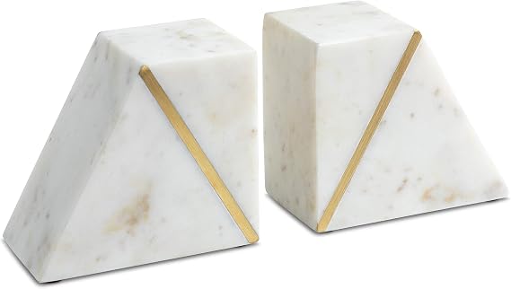 Cork & Mill White Marble Bookends with Gold Brass, White, Set of 2 | Heavy Book Ends for Shelves, Solid Stone Bookshelf Decor, Decorative Stoppers with Non-Skid Base