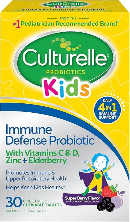 Culturelle Kids Daily Immune Defense Probiotic Chewables, Ages 3+, 30 Count | From the #1 Pediatrician-Recommended Brand, Digestive Gut Health, 4-in-1 Immune Support*, Zinc, Vitamins C & D, Elderberry