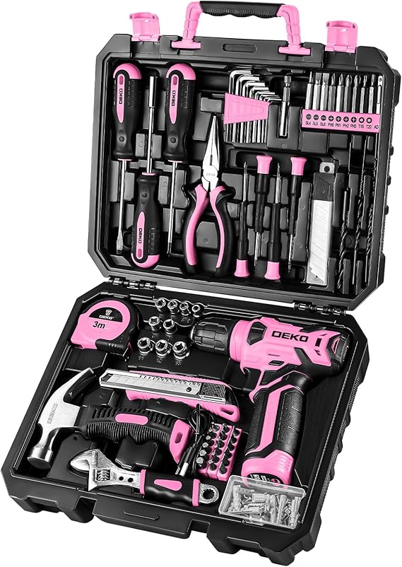 8V Electric Drill Included DEKOPRO Tool Set 126-Piece Set Pink Home Tool Set Household Tool Set DIY Set Work Tool Set Furniture Assembly Home Maintenance Repair Tool Set with Convenient Storage Case