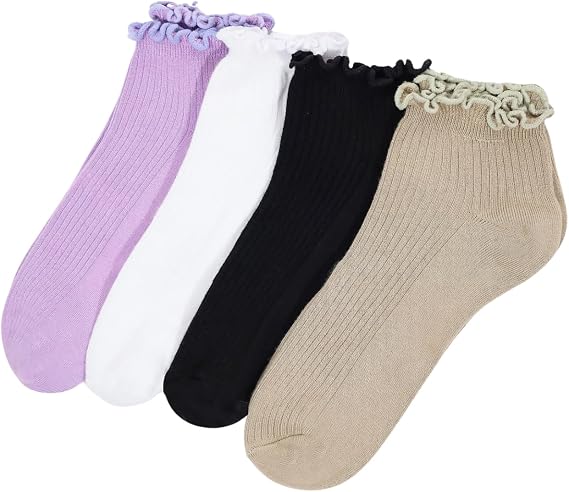 Kadın Bambu Patik Çorap 4’lü Set –%80 Bambu, Renkli Fırfırlı Tasarım, Nefes Alır (koyu)