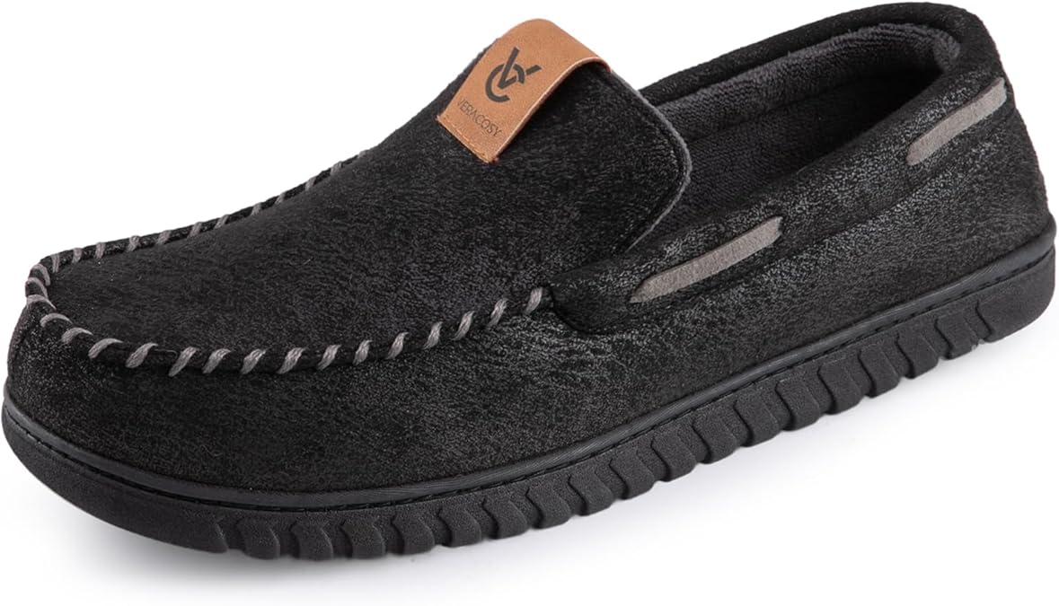 VeraCosy Men's Moccasin Slippers Memory Foam Closed-back Indoor House Shoes | Indoor and Outdoor,Machine-washable,Gifts,Comfortable,Soft,Non-Slip,Faux Suede,Breathable