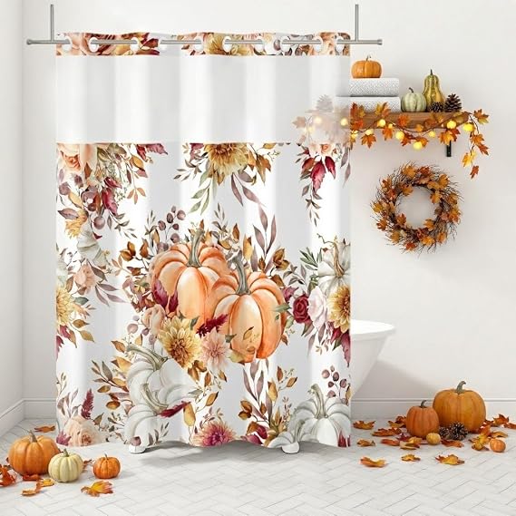 Fall Pumpkin No Hook Shower Curtain with Snap in Liner, Yellow Farmhouse Heavy Duty Window Waterproof Machine Washable Bathroom Curtain 71x74 Inches
