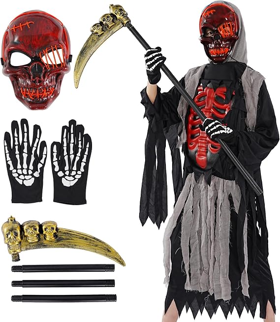 Grim Reaper Costume for Kids/Adult/Youth, Scary Halloween Costume for Child Boys with LED Mask/Hooded Cloak/Scythe/Gloves