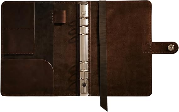 Leather 6 Ring Binder Cover A5 Refillable Planner Organizer with Pockets, Pen Holder & Bookmark Fits A5 6-Ring Inserts (Paper Not Included), Brown