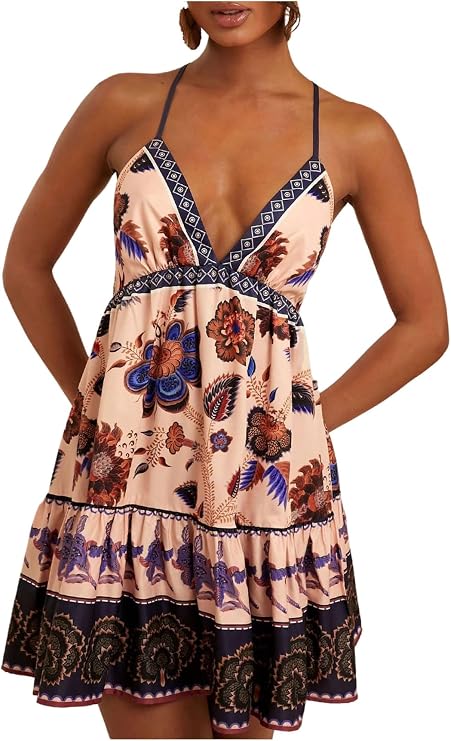 OYOANGLE Tropical Dresses for Women Floral Flowy Short Dress Boho Sundress