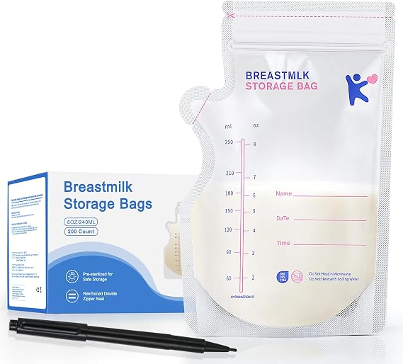 Milk Storage Bags Breastmilk, 200 Count Breastmilk Storage, Easy to Pour Sealable Breastmilk Storage Bags, Self Standing Breast Milk Storage Bags, BPA Free Leak Proof, 8 Oz