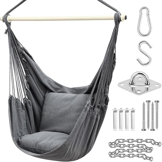 Swing Chair with Hardware Kit: Ohuhu XL Portable Hanging Chairs with 2 Cushions Detachable Metal Support Bar Side Pocket for Indoor, Hammock Chair for Patio Bedrooms Teen Girls Room Decor, Gray