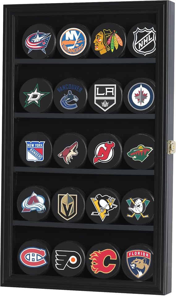 Pro Collector's Hockey Puck Display Case Cabinet Holder Wall Shelf Shadow Box with 98% UV Protection Great Puck Storage Box - Black Frame