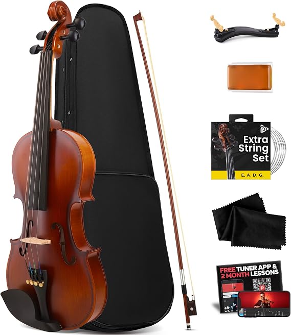 Pyle Quarter Violin Set for Beginners and Children, 1/4 18.7" Student Grade Fiddle Orchestral Musical Instruments Including Hard Case, Rose, Bow, Digital Tuner, Rest Shoulder