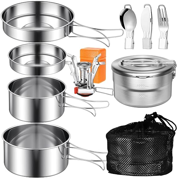Camping Cookware Stainless Steel Pot Set Camping Cookware Set with Camping Pot 1.5 L Stainless Steel Camping Cooking Pot Outdoor Tableware Set for Camping Hiking Picnic