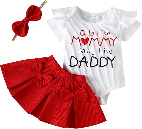Bonangber Baby Girl Summer Clothes Funny Letters Print Ribbed Short Sleeve Ruffled Romper and Skirt Set Cute Summer Outfit