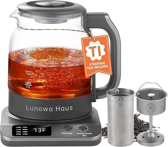 Pure Titanium Glass Healthy Electric Tea Maker & Kettle, Auto Shut Off, Steam Extraction, 11 Temp, 10 Concentration Levels, 2 Tea Infusers, 12H