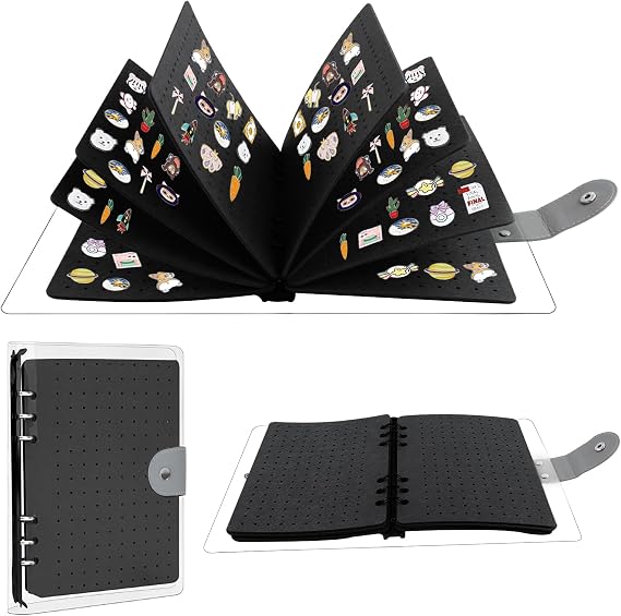 8 Pages Enamel Pin Display Pages, Pin Collection Display Book 9.2X6.7In Pin Collector Storage, Brooch Holder Page-Flip Pin Display Holder, Enamel Pin Display Stand For Store 350 (Black-02)