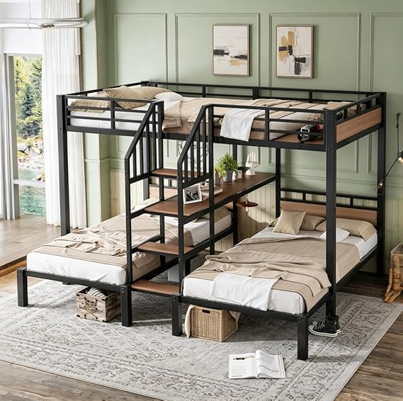 Bellemave Full/Full XL Over Twin Over Twin Triple bunk Bed with Storage Shelves and Storage Stairs, 3 bunk Bed, Triple bunk beds for Kids, Teens, Adult.(Black)