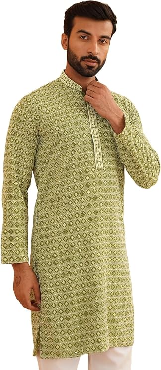 Sojanya (Since 1958 Men'S Cotton Contrast Embroidered Sequinned Long Kurta