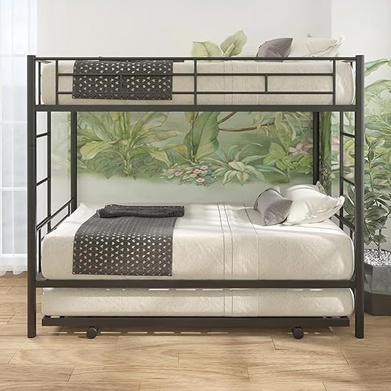 Metal Bunk Bed Frame,Twin Over Twin Metal Bunk Bed with Trundle Heavy Duty Twin Size Metal Bunk Beds Frame with 2 Side Ladders Convertible Bunkbed,No Box Spring Needed (Black)