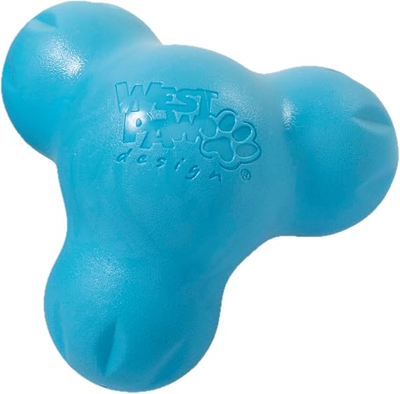 WEST PAW Zogoflex Tux Treat Dispensing Dog Chew Toy Interactive Chewing Toy for Dogs Dog Games for Aggressive Chewers, Fetch, Catch Holds Kibble, Treats, Small 4", Aqua Blue