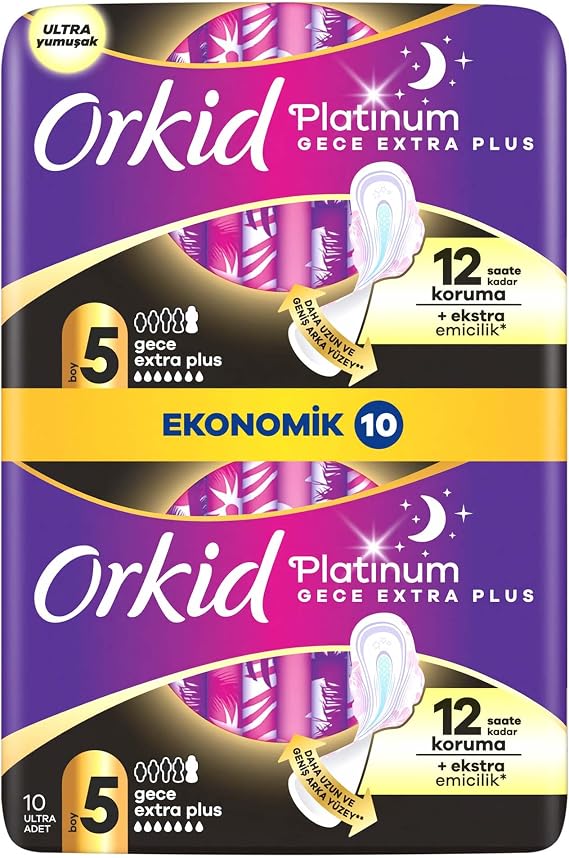 Orkid Platinum Hijyenik Ped Gece Ekstra Plus (Boy 5) Ekonomik Paket 10 Adet Ped