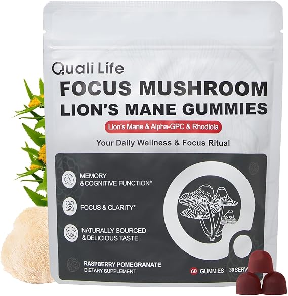 Mushroom Gummies with Lions Mane for Focus & Memory, 60 Count | Alpha Brain Gummy - Nootropic Focus Gummies with Rhodiola & Alpha-GPC Vegan Brain Supplement, Raspberry Pomegranate Flavor
