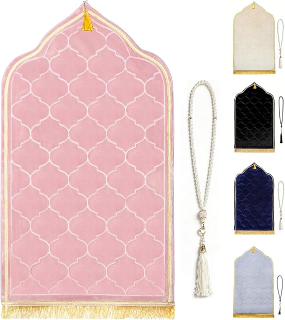 Muslim Prayer Rug with Tasbih Prayer Beads, Extra Thick Padded Non-Slip Islamic Prayer Matt,Turkish Praying Carpet Ottoman Blankets Ramadan Gift for Ramadan, Eid, Hajj, Travel, Pray(Pink)