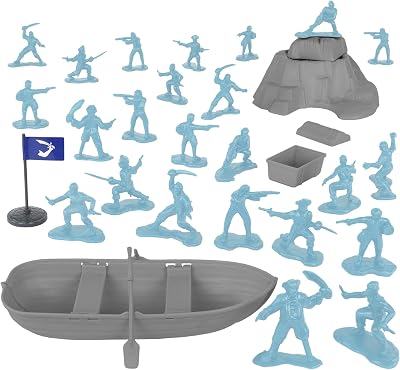 Tim Mee Pirates of Treasure Island - Blue 28pc Plastic Toy Figures Boat Chest