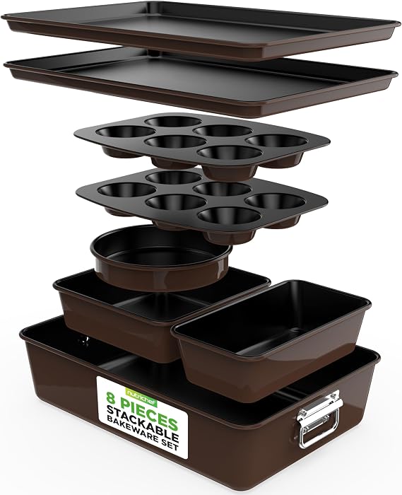 NutriChef 8-Piece Nonstick Stackable Bakeware Set Non Toxic Carbon Steel Baking Trays W/Cookies Sheet Muffin, Loaf, Cake, Round & Square Pan Easy To clean & Easy to Release, Oven Safe Brown