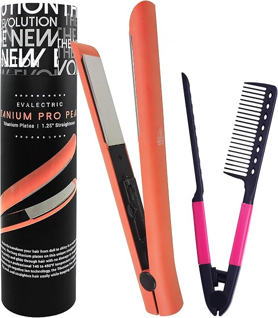 Evalectric Pro Titanium 1.25 Inch Flat Iron - Dual Voltage - Peach | Titanium Floating Plates - Negative Ion Technology - Heats upto 450F - Travel Friendly Hair Straightener