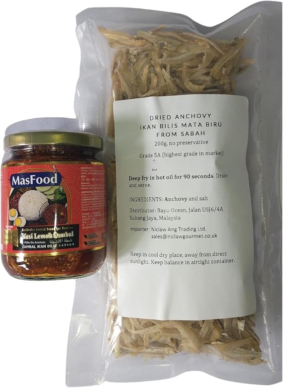 Mild Spicy Nasi Lemak Bundle: One Bottle Nyonya Nasi Lemak Sambal, 240G Each, Halal and 1 packet Grade 5A Sabah's Blue-Eyed Dried Anchovy 200G Each, Halal