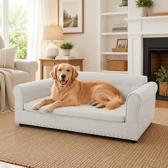Oversized Dog Sofa Bed for Large Dogs, Modern Elevated Pet Couch with Backrest & Armrests, Linen Fabric Dog Sofa for Medium Large Dogs, Comfortable Indoor Pet Bed (Beige)