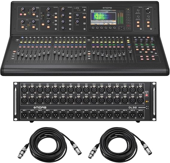 Midas M32 LIVE Digital Console for Live and Studio with 40 Input Channels, Bundle With Midas DL32 32-Input / 16-Output Stage Box with 32 Midas Mic Preamps, H&A XLR M to F Cable - 25'
