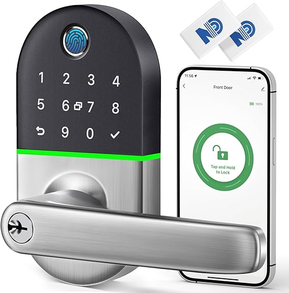 Smart Keypad Door Lock with Handle for Front Door, 7 in1 Keyless Entry | Easy Installation, Fingerprint Unlock, App Control, Remote & Voice Control, Auto-Lock,Black-sliver